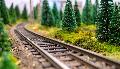 Obraz premium Model Train Tracks Winding Through a Miniature Evergreen Forest