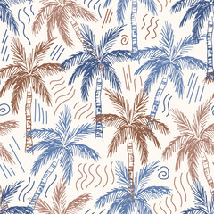 Tropical vector seamless pattern. Blue, brown palm trees on light background. For fabric prints, summer beachwear, hawaiian shirt.