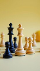 close up of chess pieces on light background, positioned at the top with cheerful lemon tones, ample copy space at the bottom for photo use.