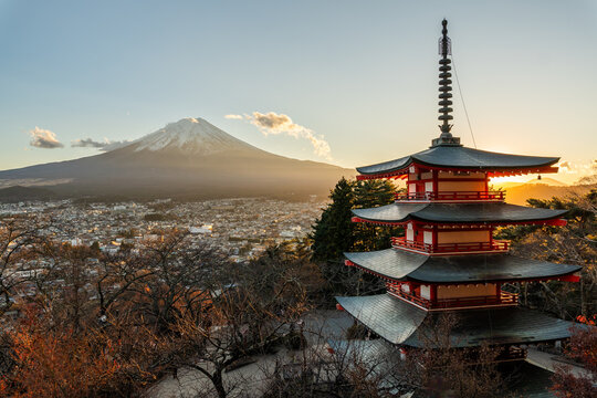 Chureito Pagoda and Mount Fuji at Sunset