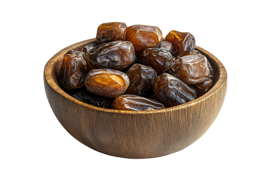 dried dates on a wooden bowl isolated on transparent background