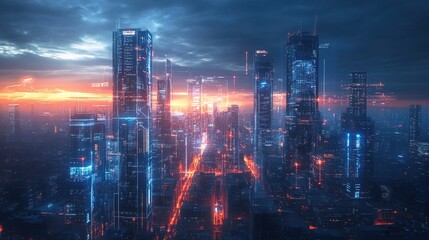 Fototapeta premium Futuristic Cityscape at Sunset