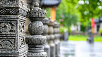 Intricate carvings on stone pillars showcase detailed craftsmanship in serene outdoor setting, evoking sense of tranquility and artistry