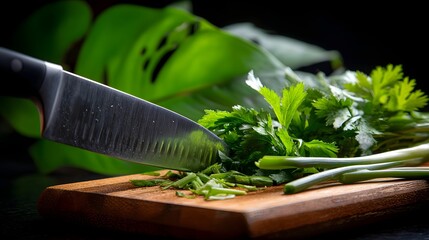Fresh herbs being chopped with a knife on a cutting board with focus on culinary detail