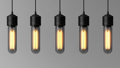 Five retro-style filament light bulbs hang against a gray background. It could represent an idea, inspiration, or interior design element.