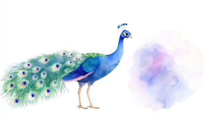 Obraz premium Beautiful peacock with vibrant blue and green feathers stands gracefully, showcasing its stunning plumage against soft watercolor background