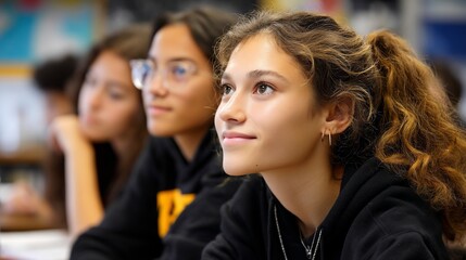 Obraz premium Teens listening attentively in a classroom setting. Possible use for educational resources or student life articles