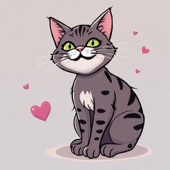 Fototapeta premium an image of a cartoon cat with hearts on a gray background, there is a cartoon cat sitting with hearts around it