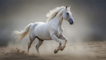 Obraz na płótnie Canvas A majestic white horse galloping across a sandy terrain