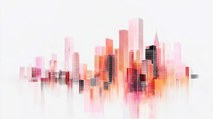 Obraz premium Vibrant, minimalistic cityscape featuring abstract skyscrapers in shades of pink, orange, and black, evoking sense of modernity and energy