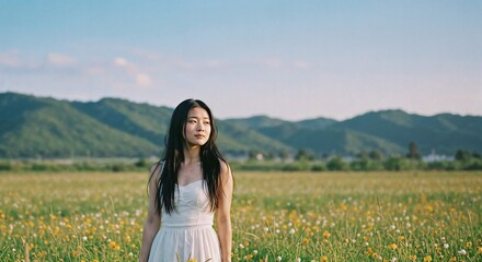 Peaceful Woman in White Dress Standing in a Meadow with Mountain View