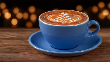Coffee art Delight: A close-up shot of a beautifully crafted latte art in a blue ceramic cup, elegantly set on a matching saucer. The backdrop blurred light to enhance the coffee moment.