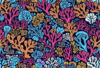 Linear doodle seamless pattern of stylized coral and algae, intricate design, underwater, wildlife