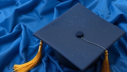Elegant Graduation Cap With Gold Tassel On Blue Fabric Background For Academic Celebration Theme