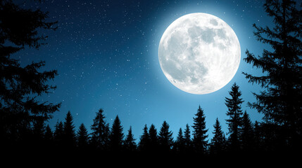 Serene night scene featuring large, bright moon illuminating starry sky above silhouette of tall pine trees. tranquil atmosphere evokes sense