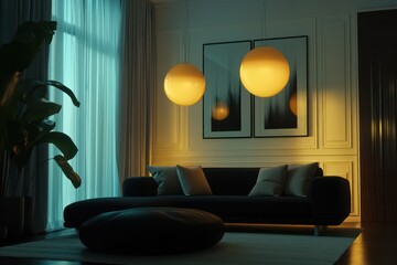 Modern living room at night with pendant lighting