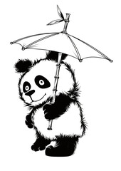 Cute shaggy panda with umbrella. Sketch.