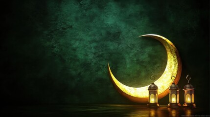 A festive Eid Mubarak greeting card with a golden crescent moon, mosque silhouette, and lanterns on a dark green background.