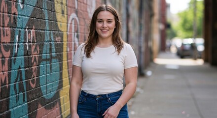 Smiling Woman in Casual Outfit Walking by Graffiti Wall in the City