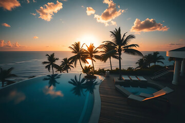 Luxurious Tropical Resort with Infinity Pool and Ocean View at Sunset

