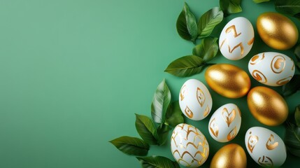 Golden and white decorative Easter eggs displayed elegantly among green leaves, set on a pastel green background. Represents spring celebration, renewal, and festive decoration for Easter and springt