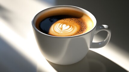 Sunlit Latte Art Coffee in Mug, Creamy Foam, Hot Beverage