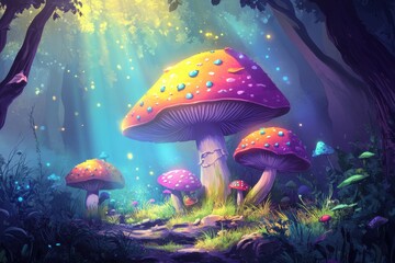 Vibrant mushrooms in a magical, sunlit forest.