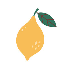 Lemon Fruit illustration. Lemon icon. Organic vitamins and healthy nutrition. Isolated Lemon with green leaf. Flat design, doodle style. Graphic print for t-short. Vector