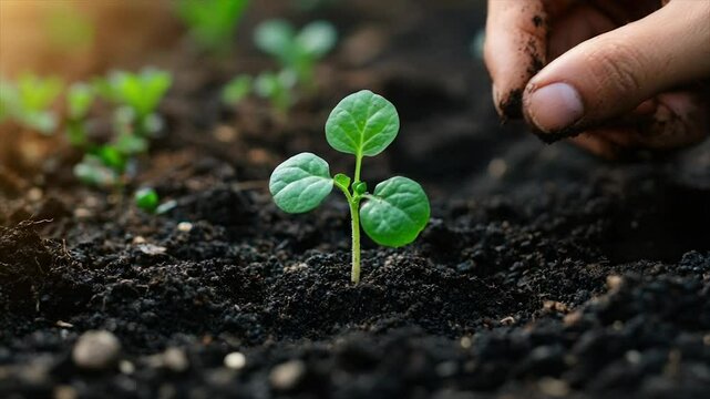 Planting a seedling in fertile soil
