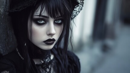 A gothic woman with dark makeup and intense eyes leans against a wall