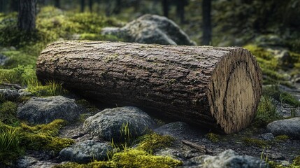 Fototapeta premium Photorealistic image of a merbau log, featuring its reddish-brown to dark brown color and coarse, interlocking grain, with visible resin pockets and natural cracks, lying on a forest floor 
