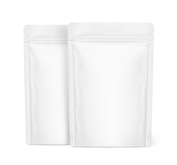 Realistic stand up pouch bag mockup with transparent shadow. Front view. Vector illustration isolated on white background. Ready for your design. EPS10.