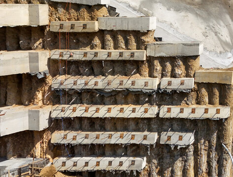 Reinforcing Bars on a Multistory Retaining Wall Construction Site