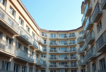 Obraz premium Rows of empty balconies and windows on a modern apartment building, view, city