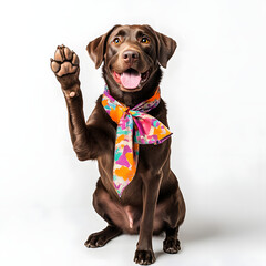 a brown Labrador Retriever, sitting upright with one front paw raised as if waving or asking for a treat, wearing a colorful scarf or bow tie. Bright studio white background