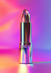 Metallic lipstick tube with iridescent finish for elegant makeup product display