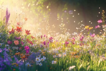 Obraz premium Vibrant meadow flowers bathed in sunlight and morning mist.