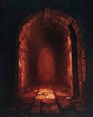 Obraz premium Dark, ancient, arched passageway glows with eerie light.