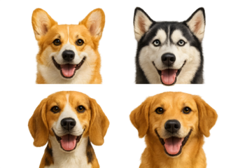 Four happy dogs: a Corgi, a Siberian Husky, a Beagle, and a Golden Retriever, all smiling and looking at the camera. Concept Happy Dogs, Corgi Smile, Siberian Husky, Beagle Playfulness