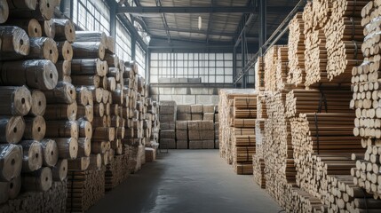 Bundled aluminum rods organized in warehouse await remelting to produce foil, alloys, metal products in metallurgy industry. Ferric raw material supply storage on factory