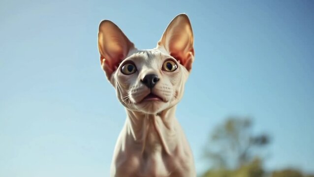 The sphinx cat looks at the camera in surprise outdoors under the blue sky