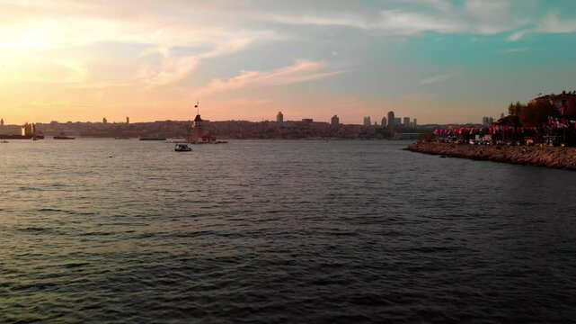 Aerial view of Salacak beach and Maiden's Tower, Istanbul