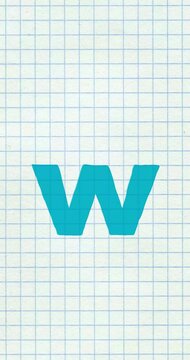 W letter small forming cartoon color vertical animation. Compatibile part of alphabet serie on exercise book grid background. Hand drawn bold educational style for children presentation, learning.