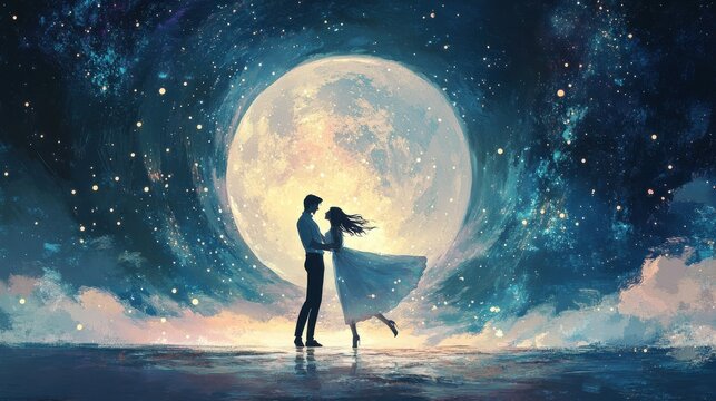 A dreamy illustration of a couple dancing under a full moon and stars
