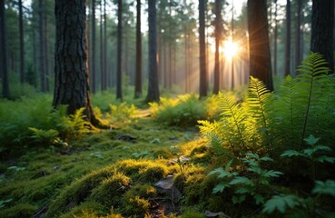 Obraz premium Boreal forest, rich ferns, moss during evening hike. Sunlight filters through trees. Estonia, Northern Europe wild nature landscape, travel, tourism, adventure, exploring. Summer, green, forest,