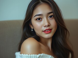 an image of a woman with long hair and a white sweater, there is a woman with long hair and a white sweater