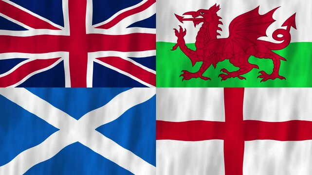 Great Britain flags country animation 3D symbol waving in wind movement national patriotism world culture emblem banner republic UK Wales Scotland England United Kingdom