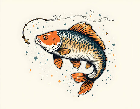 recommend clip art: Jumping Fish with Fishing Rod Illustration on White