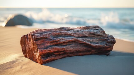 a merbau laut log, showcasing its reddish-brown to dark brown color and coarse, interlocking grain, with visible resin pockets and natural cracks, lying on a sandy beach with ocean waves 