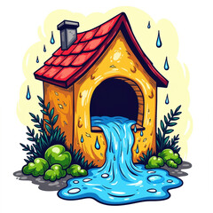 Vibrant illustration of overflowing gutter with rainwater, playful concept